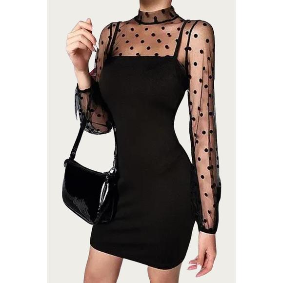 NEW MELODY FASHION polka dot mesh sleeve mini dress in black - Picture 1 of 4